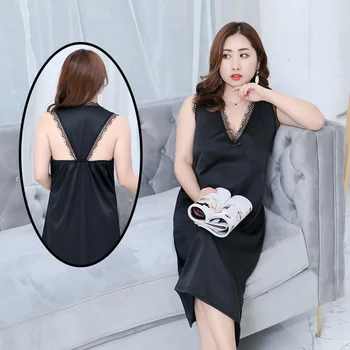 

Black Mid-Calf Sexy Solid Sleep Dress Women Lingerie Lace Silk Nightgown Nightdress V Neck Sleepwear Homewear
