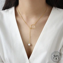 LouLeur, настоящее 925 пробы, Серебряное длинное ожерелье, элегантные Геометрические круглые жемчужные подвески, вечерние ожерелья для женщин, модное ювелирное изделие