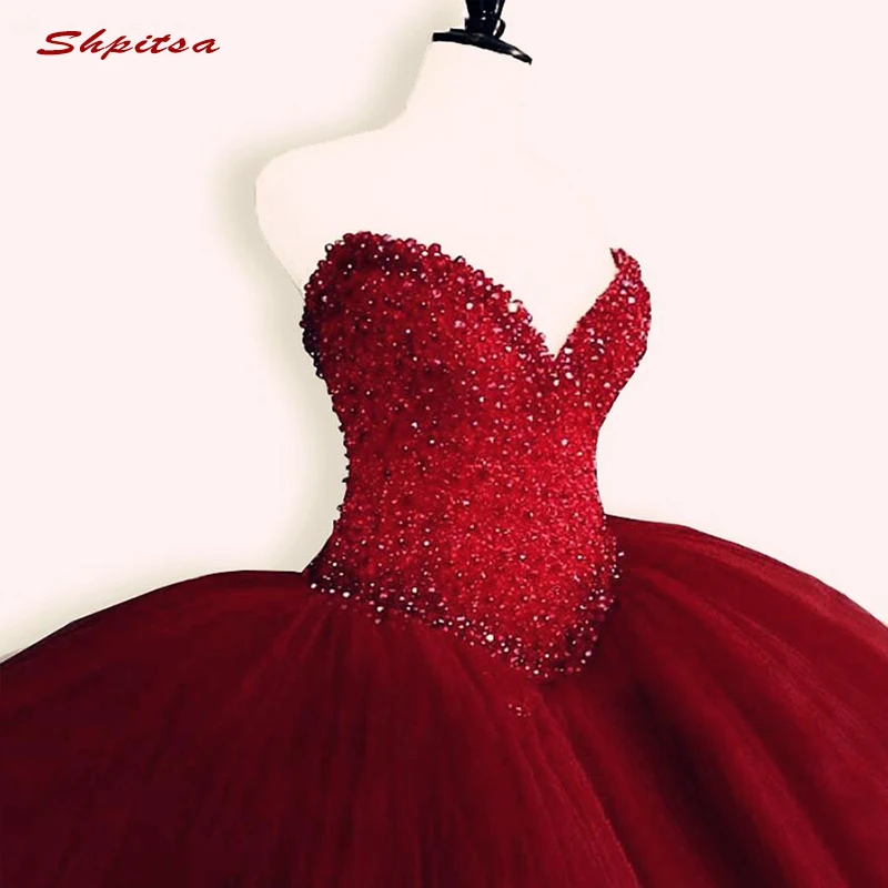 

Luxury Crystals Quinceanera Dresses Ball Gown Sweetheart Tulle Red Prom Debutante Sixteen 15 Sweet 16 Dress vestidos de 15 anos