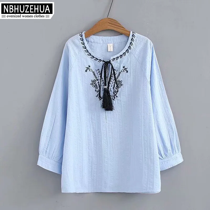 NBHUZEHUA белая женская хлопковая блузка с круглым вырезом и цветочной вышивкой
