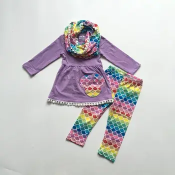 

FALL OUTFITS girls 3 pieces with scarf sets girls multicolor wave print outfits purple dress with wave pants
