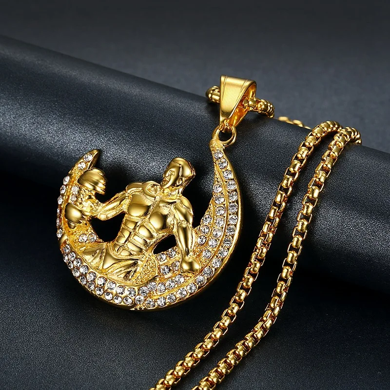 

Hip Hop Iced Out Rhinestones Crescent/Bodybuilder Charm Pendant Necklaces Male Gold Color Stainless Steel Fitness Sports Jewelry