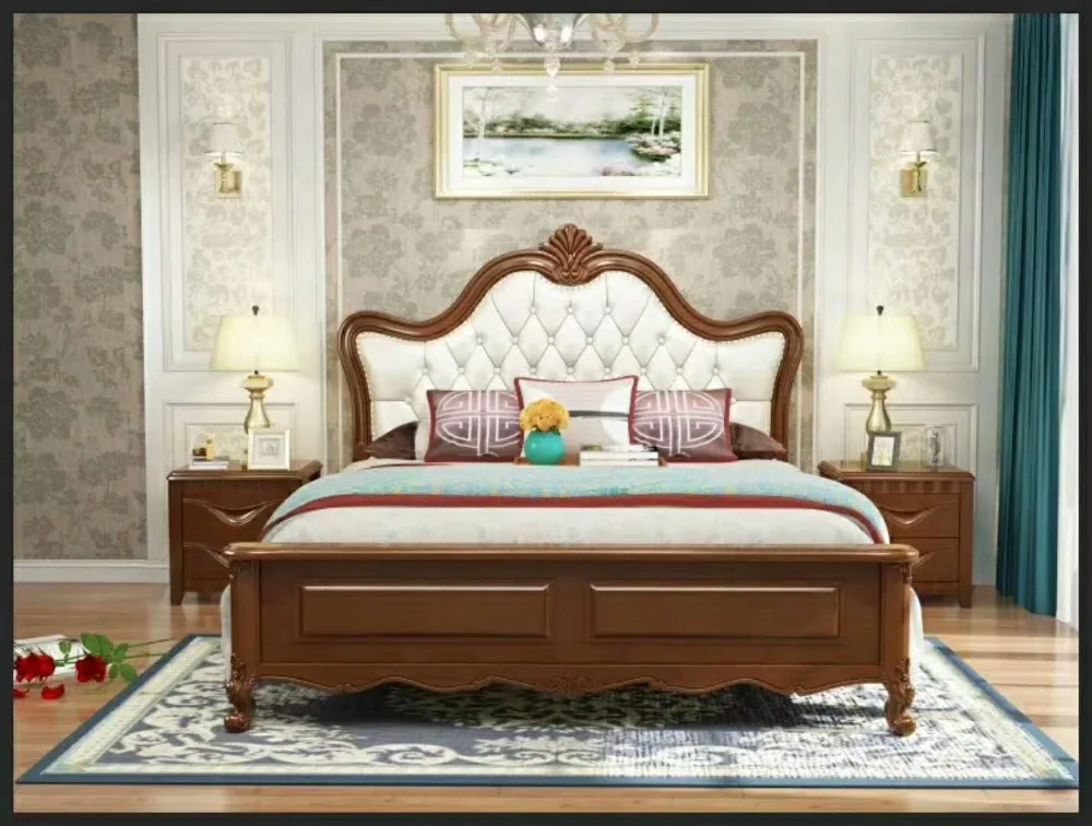 Современная Европейская кровать из массива дерева модная резная кожаная французская мебель для спальни QT007