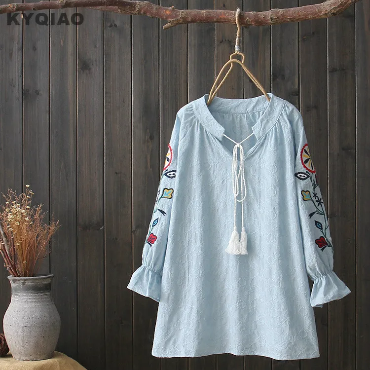 

KYQIAO Bohemian blouse women autumn spring Japan style ethnic boho nine quarter sleeve blue white embroidery shirt blusa
