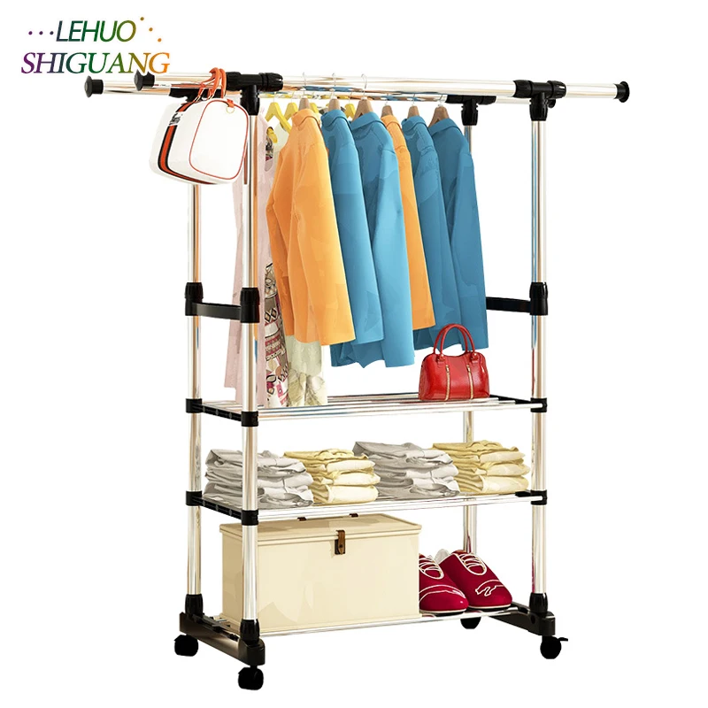 

Double layer Shoe rack Telescopic drying racks balcony double pole floor Clothes rod home living room bedroom hangers Coat rack