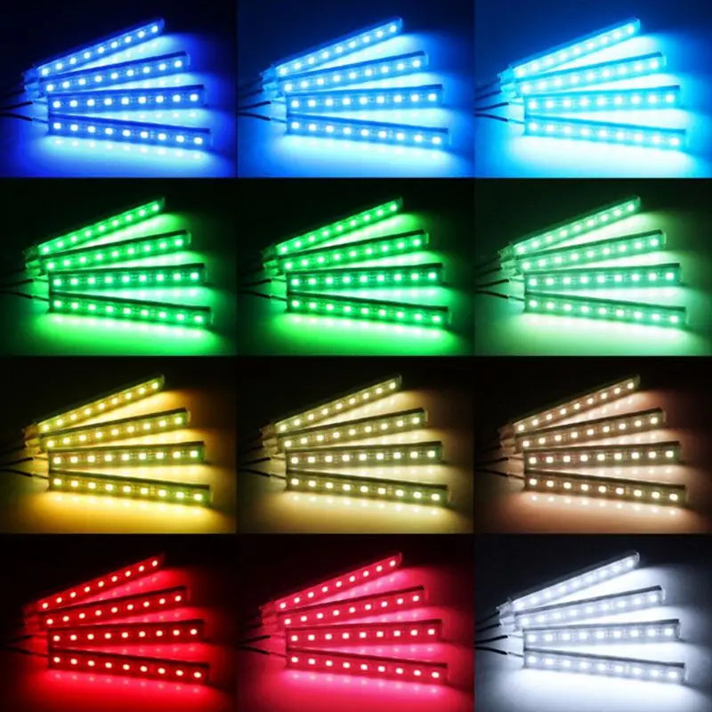 ISincer автомобильные RGB Светодиодные полосы 4*9 шт SMD 5050 10 Вт Автомобильные декоративные атмосферные полосы, автомобильный напольный светильник с дистанционным управлением