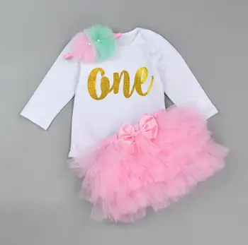 

3PCs/Set Long Sleeves Baby Girls Glitter One 1st Birthday Romper Six-layers Tutu Flower Headband for 0-24Months
