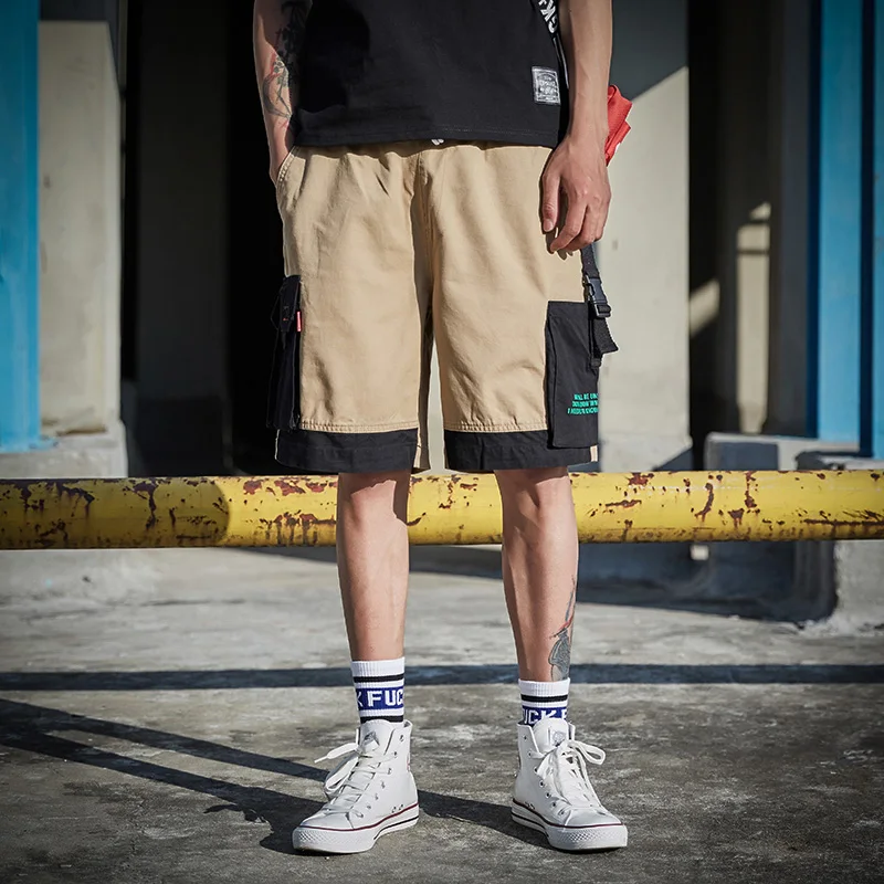 

Summer Fashion Men Shorts Loose Fit Patch Pockets Cargo Shorts Elastic Waist Spliced Designer Hip Hop Casual Shorts Men