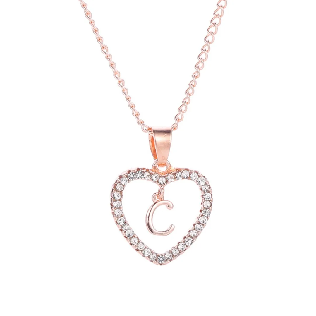 Shellhard Rose Gold Initial Alphabet Letter A-Z Chain Romantic Love Heart Crystal Pendant Necklace Charms Women Birthday Jewelry