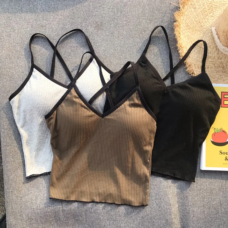 Girls Crossed Straps Short Camis Tops With Seperated Bra Women Padding Tanks Crop Tops For Female