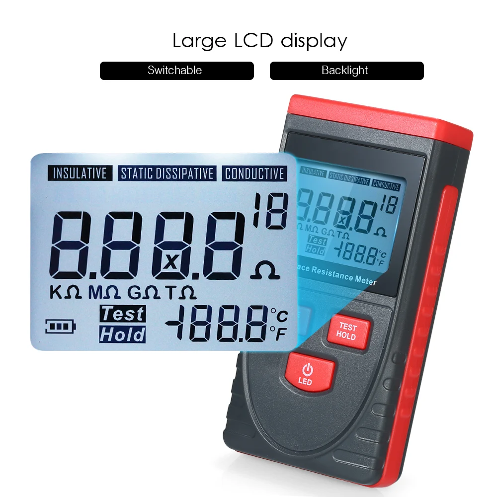 

Handheld Surface Resistance Meter Anti-static Insulation Resistance Tester with LCD display Temperature Measurement