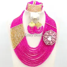 Нигерийские Свадебные африканские Бусины комплект ювелирных изделий ручной работы фуксия Золото Люкс Кристалл Бусины Цепочки и ожерелья комплект ювелирных изделий amj320