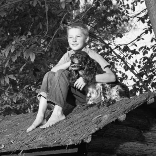 Boy embracing dog on shed roof Poster Print (18 x 24)