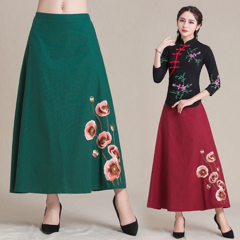 

2018 Spring Summer National Trend Women's Vintage Skirts Floral Embroidered Skirt Elastic Waist Solid Cotton Linen Long Skirts