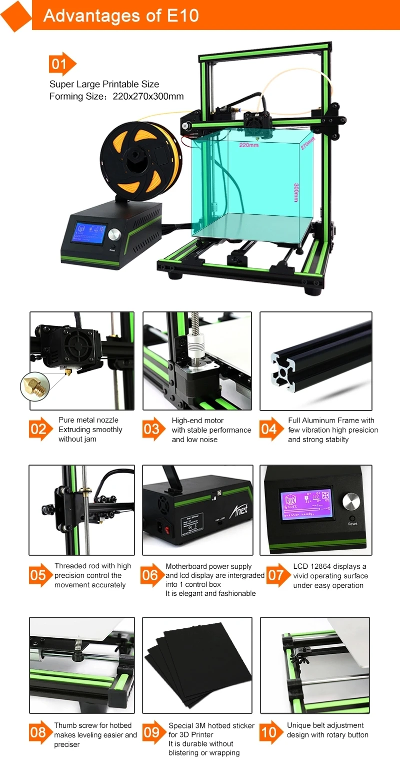 Anet E10 всемирно известная большого формата 3D-принтеры с высокой степенью интеграции металлический Структура лучший дом-hold Impressora 3d