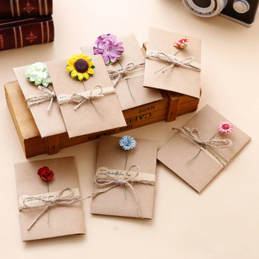 

1set/lot Creative Retro Kraft Dry Flower Card greeting card set and envelope with rope Students DIY for festival wishes gifts