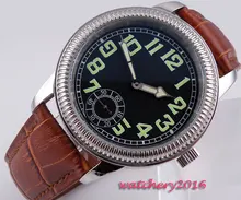 44mm parins Black dial Luminous Marks Crystal Brown Leather strap 6498 Movement hand winding Mechanical Men’s business Watch