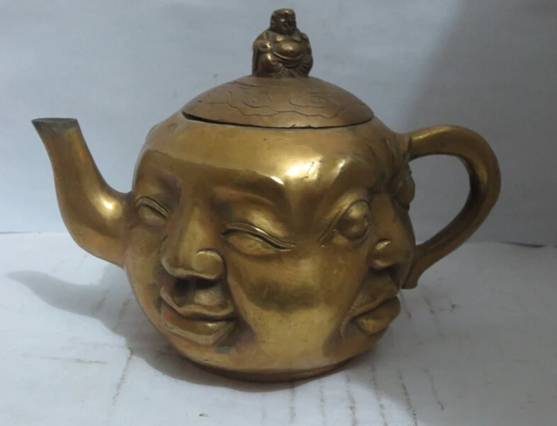

Metal craft Home Decor chinese brass carved 4 face buddha teapot flagon fast shipping