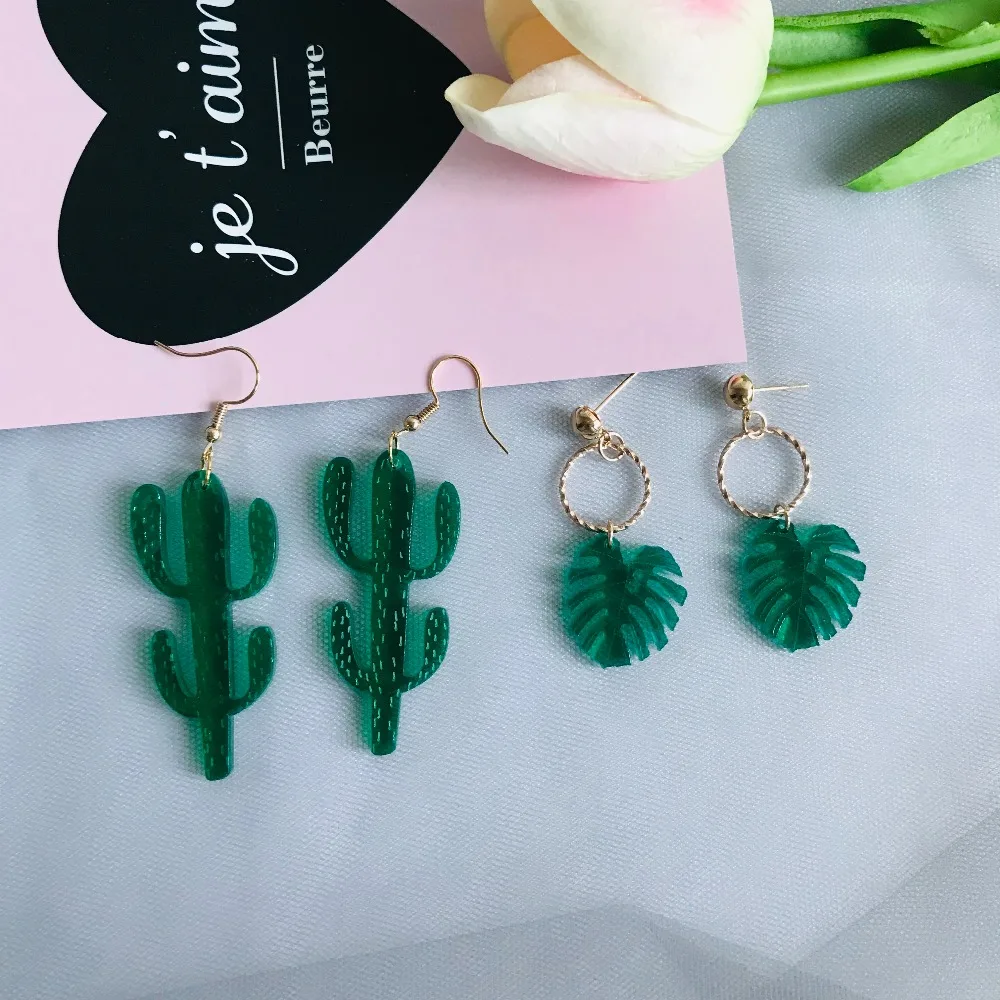 

Attractive green long earrings graceful acrylic cactus and leaves desert plant drop earrings creative design women's jewelry