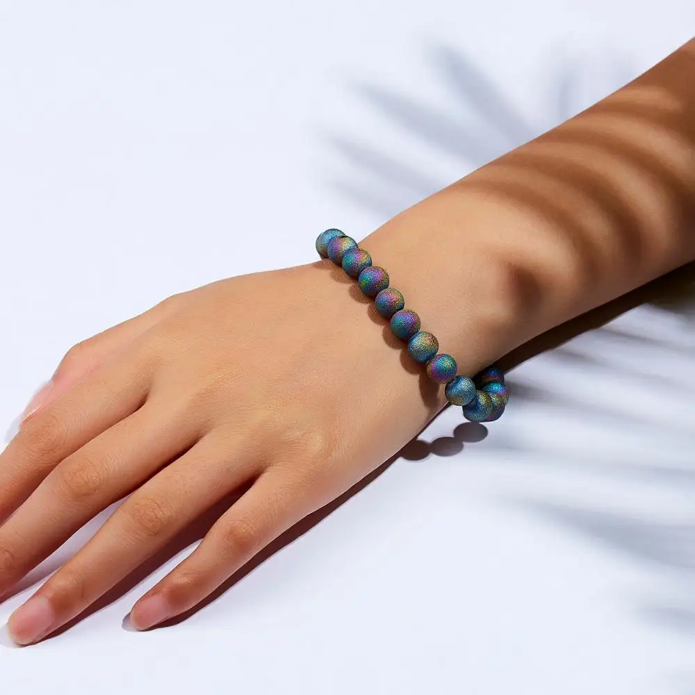 

8mm Multicolored Agate Matte Plated Semi-precious Stone Elastic Bracelet for Women Couple Bead Elastic Bracelet Jewelry