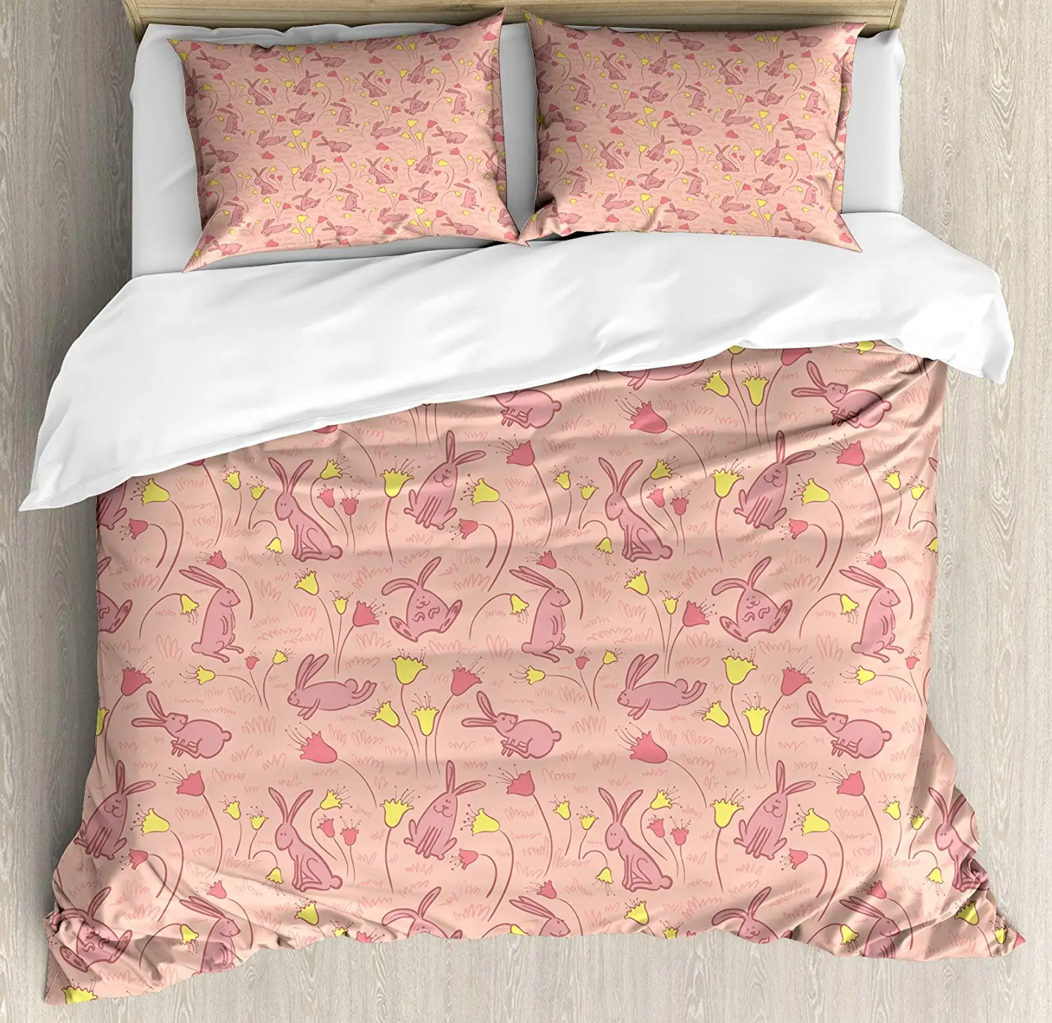 

Animal Duvet Cover Set, Bunnies with Flowers Pastel Spring Flora and Fauna Illustration, Decorative 4 Piece Bedding Set