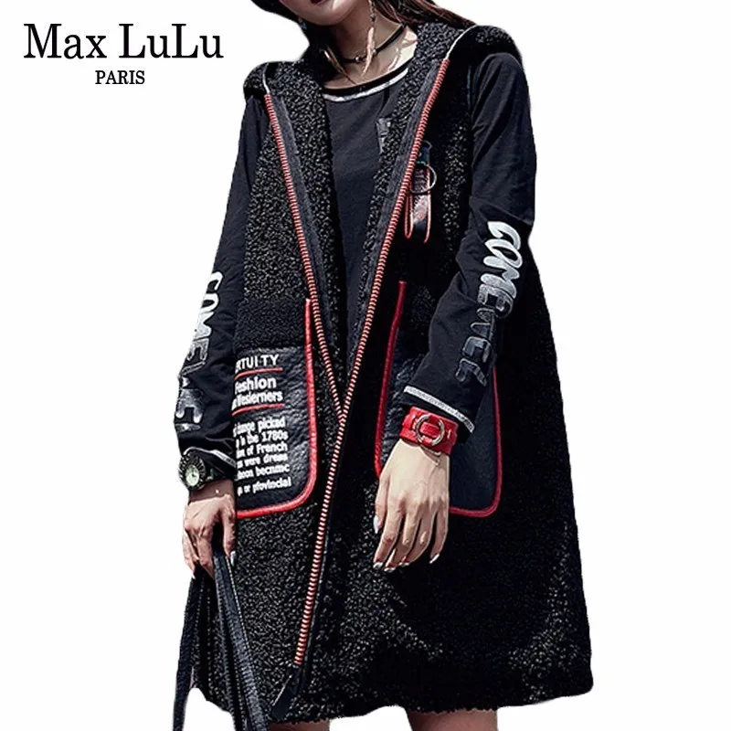 

Max LuLu 2018 Famous Brand Korean Fashion Ladies Leather Patchwork Streetwear Women Long Winter Vest Hooded Gilet Woman Fur Coat