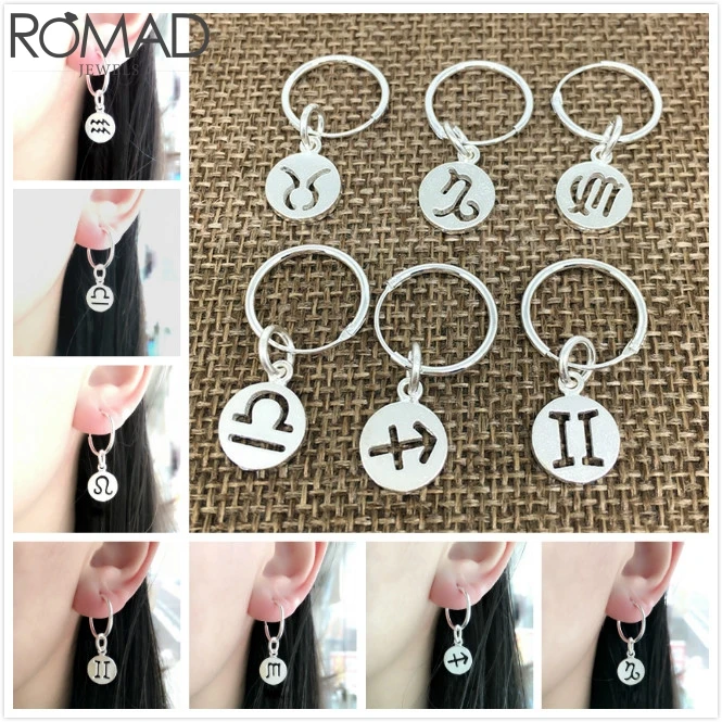 

ROMAD 925 Sterling Silver Earrings For women Small Hoop Horoscope Zodiac Earrings Statement aretes girl birthday jewelry R5