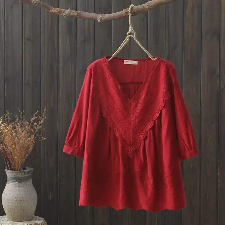 Красный KYQIAO blusas mujer de moda blusas mulher elegantes богемный этнический дизайн красный белый синий вышивка одноцветная рубашка Топы - Цвет: Красный