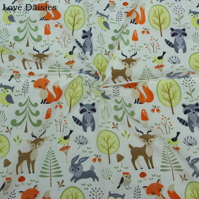 spesifikasi 100% Katun Kain Kepar Kartun Putih Hewan Rubah Hutan Rusa Kuning Tri Sudut Kain untuk DIY Anak anak Tempat Tidur lembar Handwork