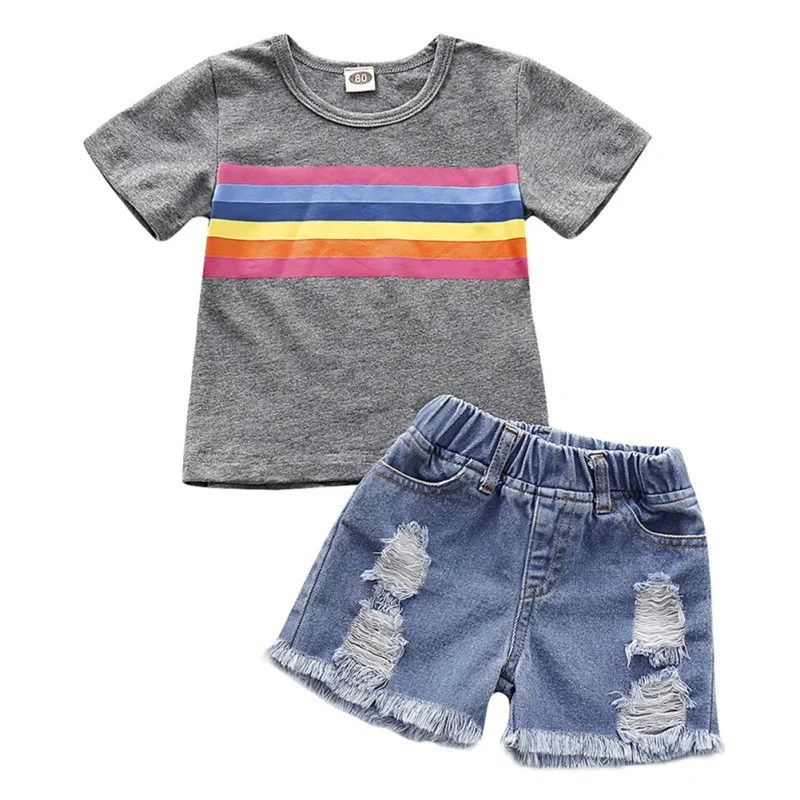 

O-Neck Striped Short Sleeve Summer Children Baby Boys Casual Short Sleeve Striped Print T-shirt Tops+Denim Shorts Costume Set