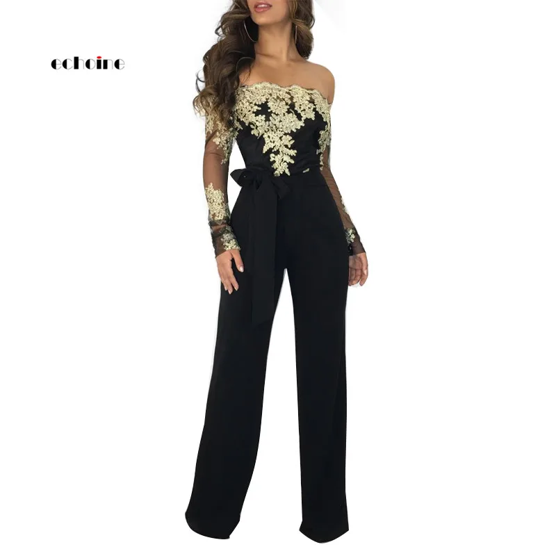 

Echoine Women Jumpsuit Sexy Appliques Slash-Neck Lace Long Sleeve Backless Mesh Lace Up Long Straight Pants Party Rompers Outfit