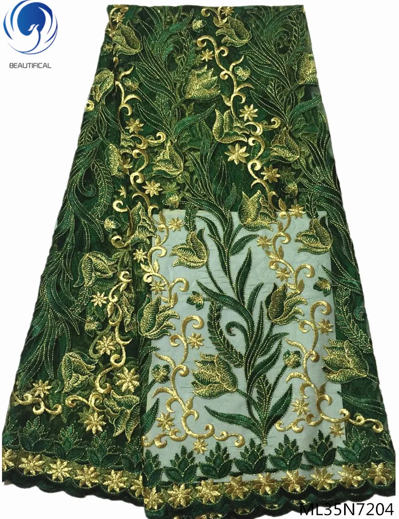 

BEAUTIFICAL nigerian lace fabrics african lace fabrics high quality green and gold embroidered lace fabric 5 yards/lot ML35N72