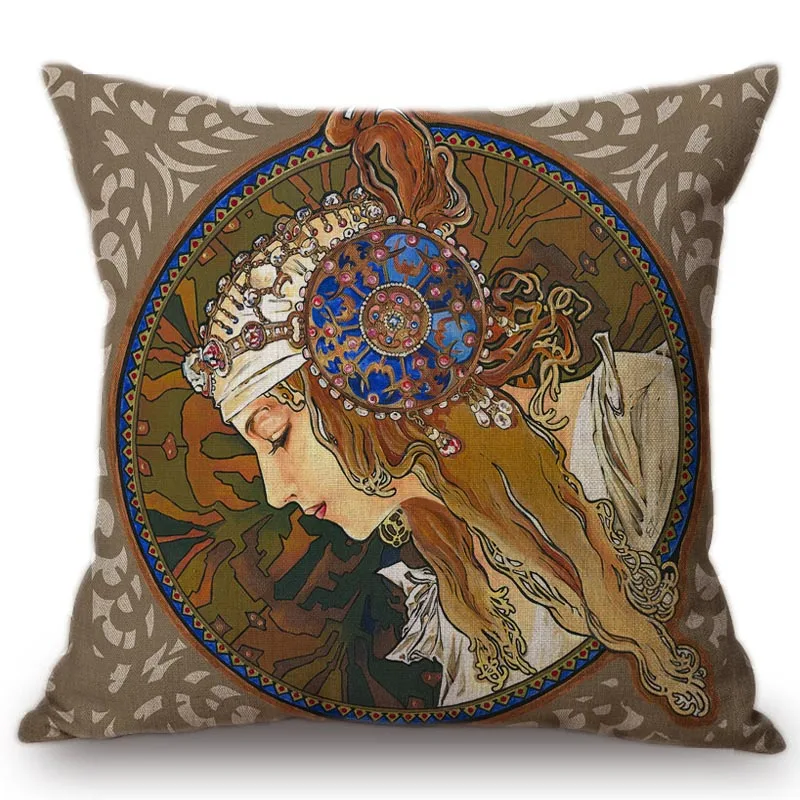 Vintage Nordic Art Nouveau Mucha Gallery Cushion Cover Decorative Sofa Pillow Cover Beauty Girl Cotton Linen Pillows