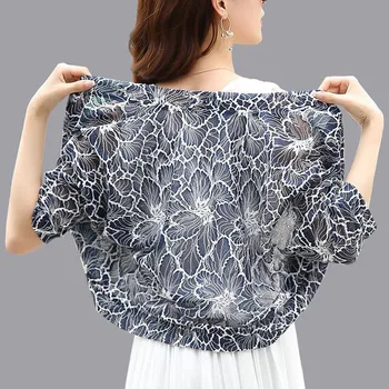 

Short Sleeve Summer Cardigan Women Elegant V-Neck Batwing Sleeve Cropped Tops Hollow Out Floral Lace Cardigans