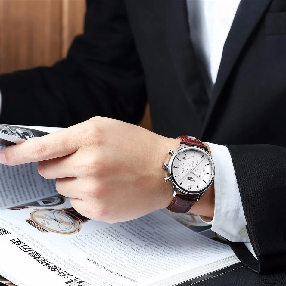 Модные мужские часы спортивные часы с хронографом Лидирующий бренд GUANQIN роскошный кожаный ремешок водонепроницаемые мужские кварцевые часы Relogio masculino