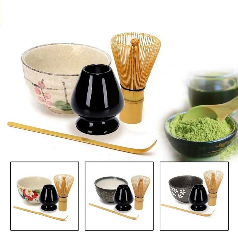 Comprar 4 en 1 té ceremonia Matcha cuenco de té de cerámica bambú cuchara para té Matcha batidor japonés té Herramienta 4 estilo Matcha Bowl Set