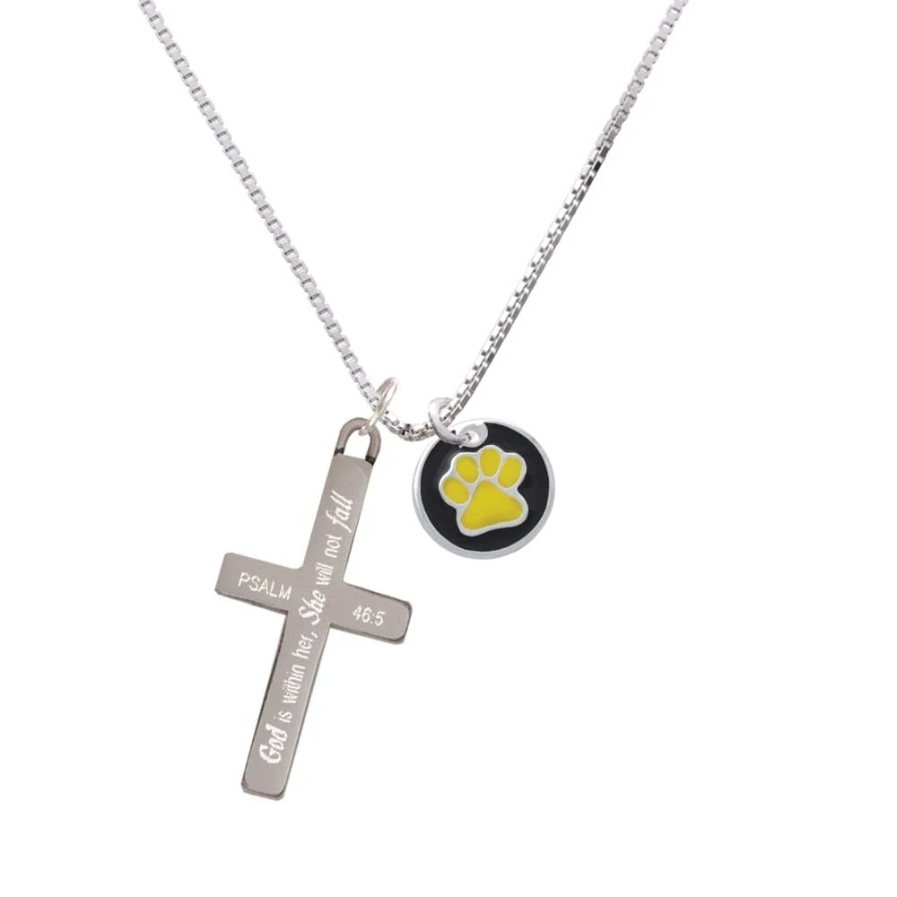 Yellow Paw on Black Disc - She will not Fall - Cross Necklace