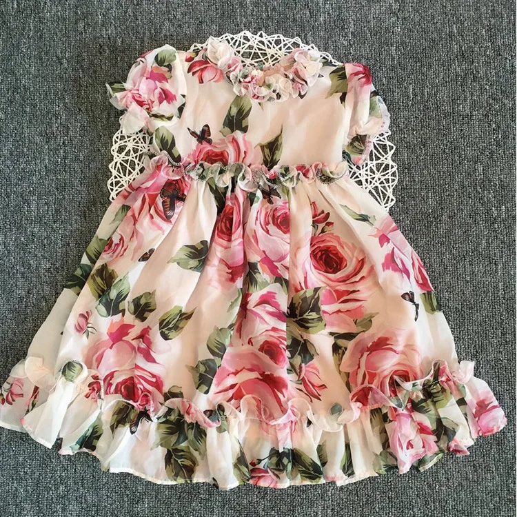 Летнее шелковое платье-пачка с объемным рисунком розы для девочек детское платье принцессы из вискозы вечерние платья с принтом на свадьбу, день рождения для маленьких девочек