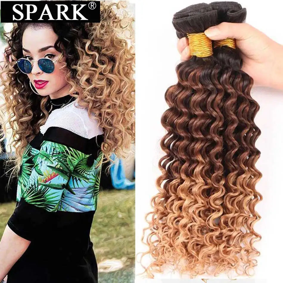 Spark три тона эффектом деграде (переход от темного к бразильские волосы глубокая волна человеческих волос пучки волос расширения 10-26 дюймов