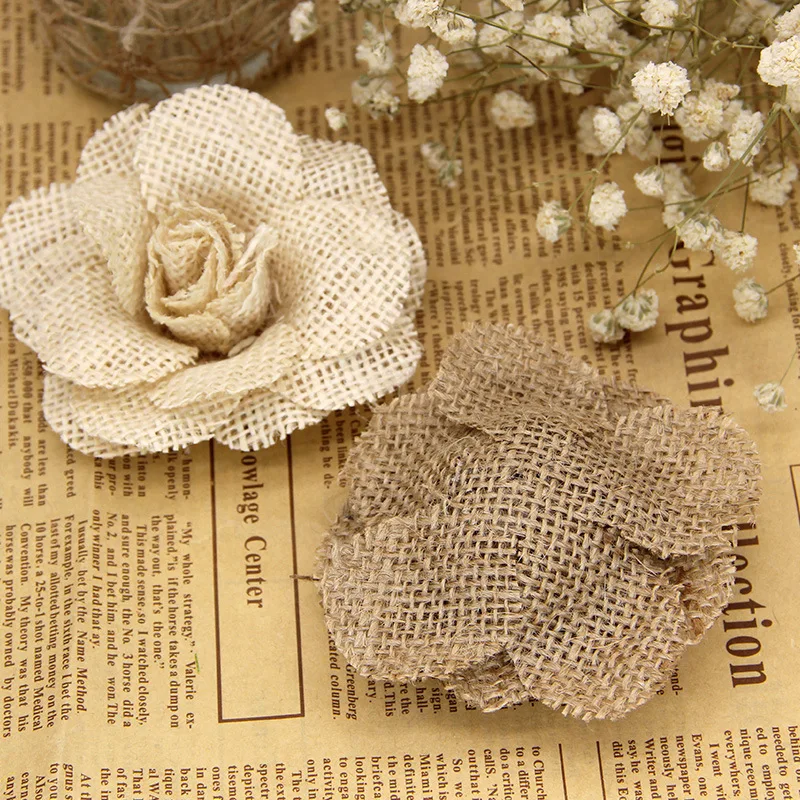 2/3/5pc 9cm Big Flower Natural Jute Hessian Burlap Handmade Linen Flower For Rustic Wedding Birthday Event Party Christmas Decor