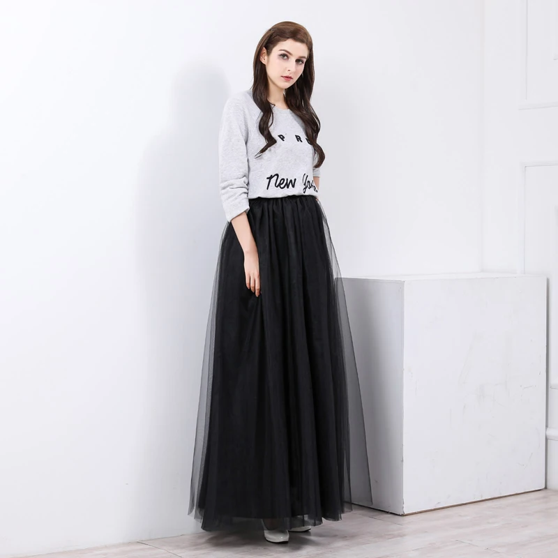 Vintage Black Long Tulle Skirts Womens Elastic Waist Floor Length Maxi