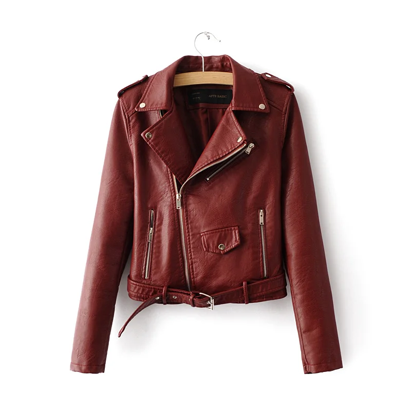 2018 spring Autumn Women PU Leather Jackets Lady Slim Fit Motorcycle Zipper Coat wine red blue pink costs lady fashion with belt