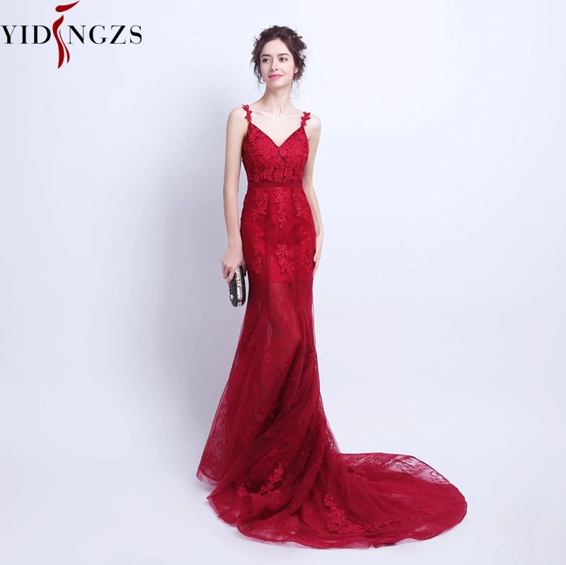 

YIDINGZS Robe De Soiree Mermaid Burgundy Evening Dress Straps Party Elegant Vestido De Festa Long Prom Gown 2019