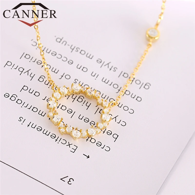 

CANNER Real Pure 925 Sterling Silver Chain Necklace Round Zircon Necklace Gold Color Clavicle Choker for Woman FO