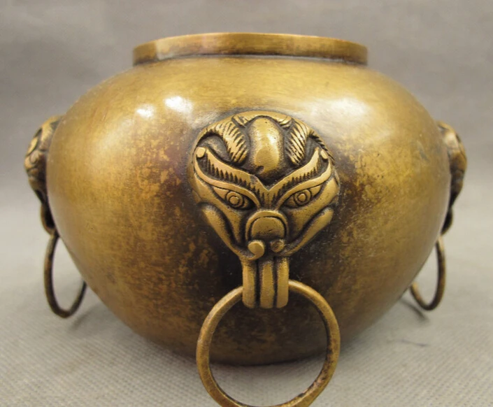 

S2649 Chinese Bronze FengShui Lion Beast Head Statue Bowl Jar Incense Burner Censer D0317