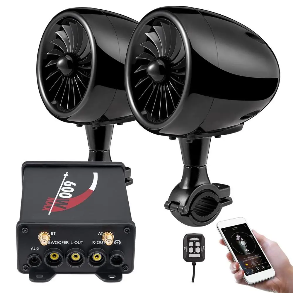 

Black 600W Bluetooth Amplifier Motorcycle Stereo Speakers Music Audio Player System AUX Radio Waterproof USB ATV Touring