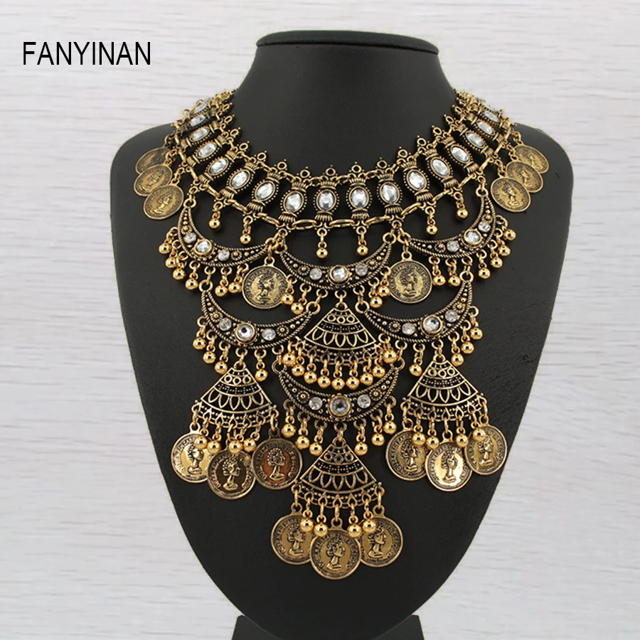 Multi layer necklace gold bohemian vintage coins style statement necklaces & pendants retro collar choker free shipping