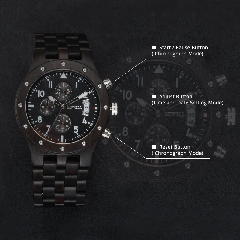Skup BEWELL luksusowa marka mężczyźni drewna zegarek człowiek wodoodporna godzina męski chronograf analogowy cyfrowy zegarek kwarcowy zegar Relogio Masculino 109D