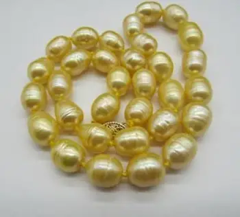 

HOT 11-13MM NATURAL SOUTH SEA GOLDEN YELLOW PEARL NECKLACE 14K GOLD CLASP 18 "