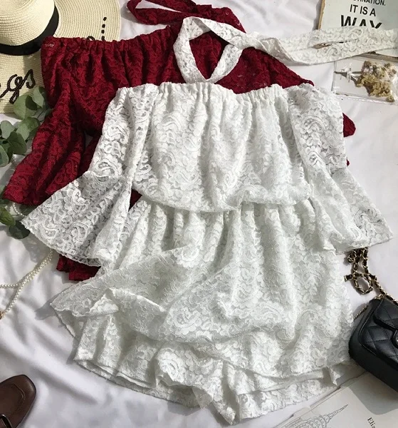 L& Y пикантные с воротником кружево Jumppsuits короткие летние для женщин Мода Flare рукавом Высокая талия Свободные Повседневное короткие костюмы Комб - Цвет: Белый